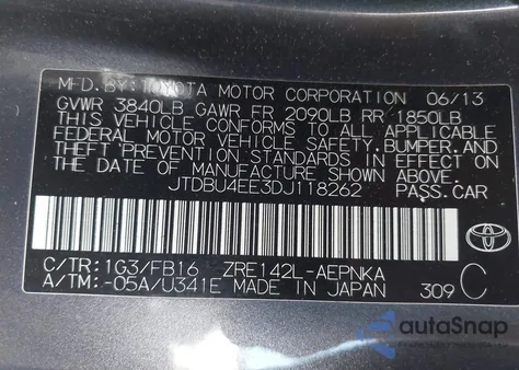 2013 Toyota Corolla Le из США, поврежденный, VIN JTDBU4EE3DJ118262